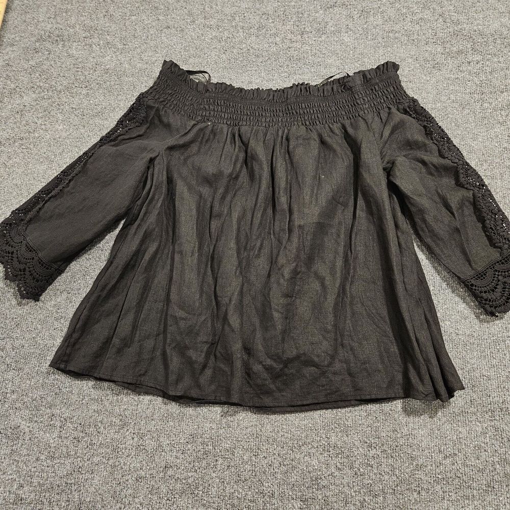 Chicos Linen Off The Shoulder Cutwork Blouse Smocked Neckline Black Size 14 - Picture 5 of 8